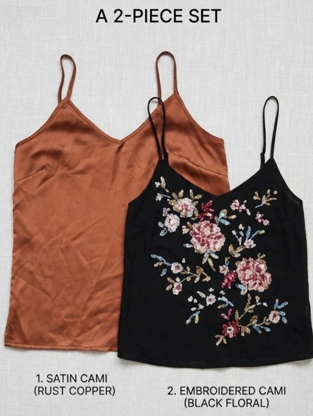 Cami Bundle: Satin Bronze V-Neck + Sequin Floral Black Strap Tops